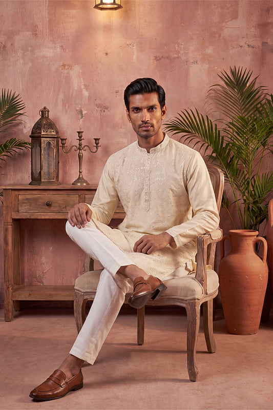 Off White Silk Blend Embroidered Straight Kurta MKU2129