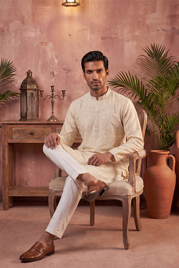 Off White Silk Blend Embroidered Straight Kurta MKU2129