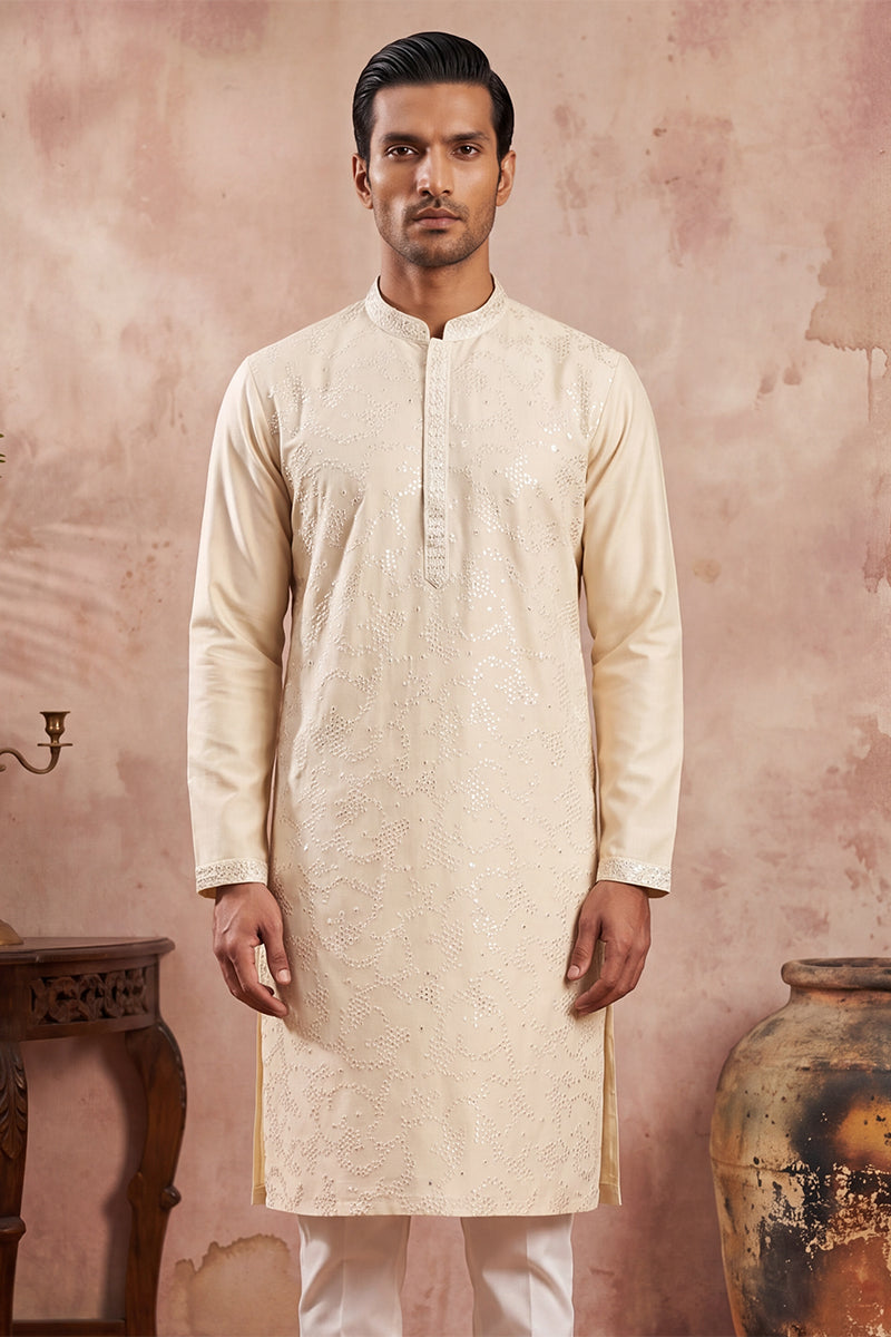 Off White Silk Blend Embroidered Straight Kurta MKU2129
