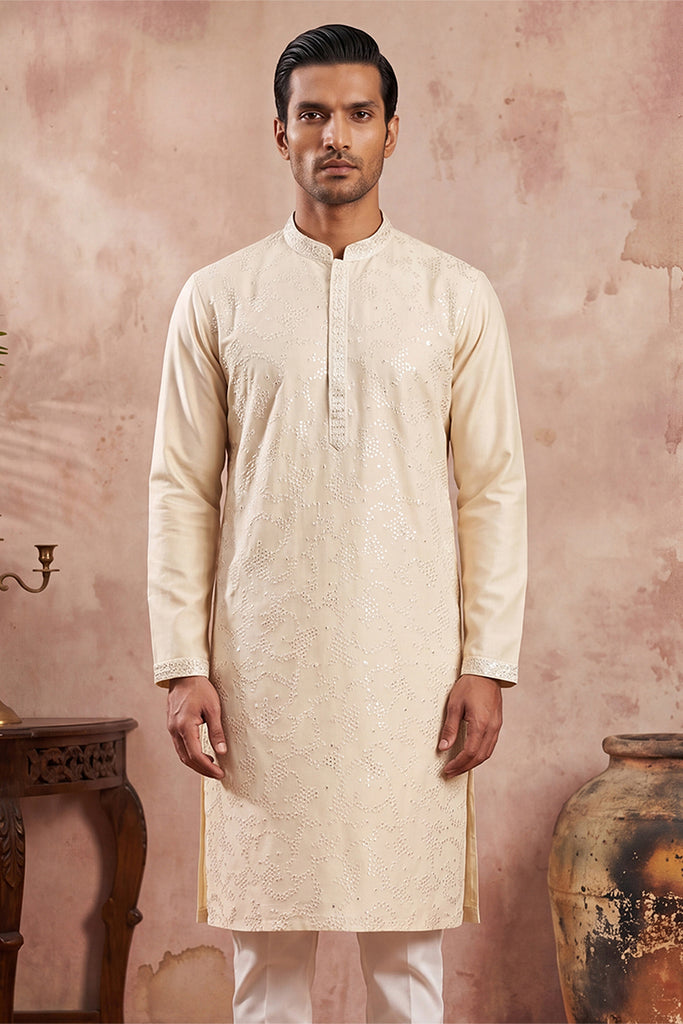 Off White Silk Blend Embroidered Straight Kurta MKU2129