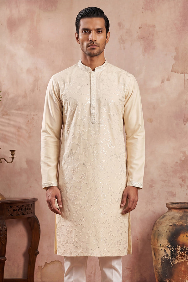 Off White Silk Blend Embroidered Straight Kurta MKU2129