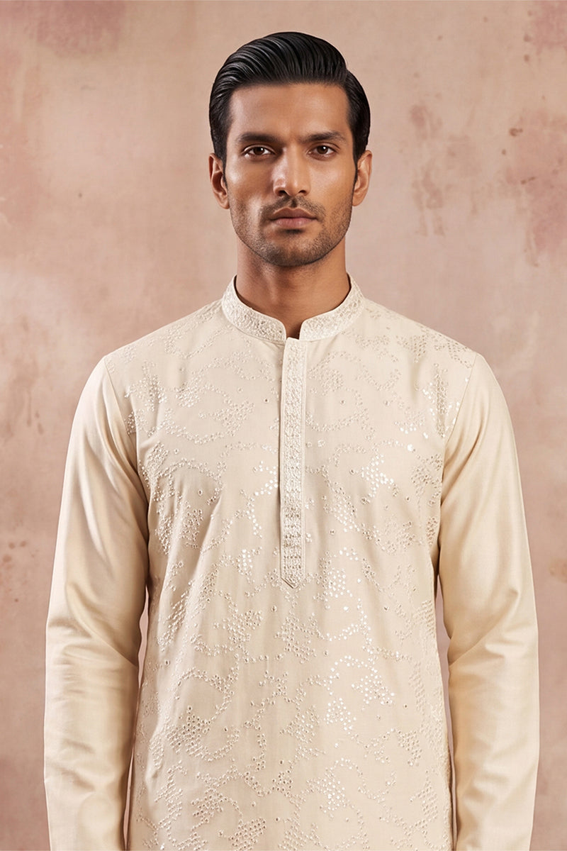 Off White Silk Blend Embroidered Straight Kurta MKU2129