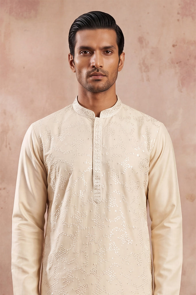 Off White Silk Blend Embroidered Straight Kurta Sets MKSET2129