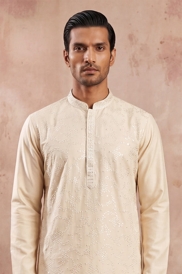 Off White Silk Blend Embroidered Straight Kurta MKU2129
