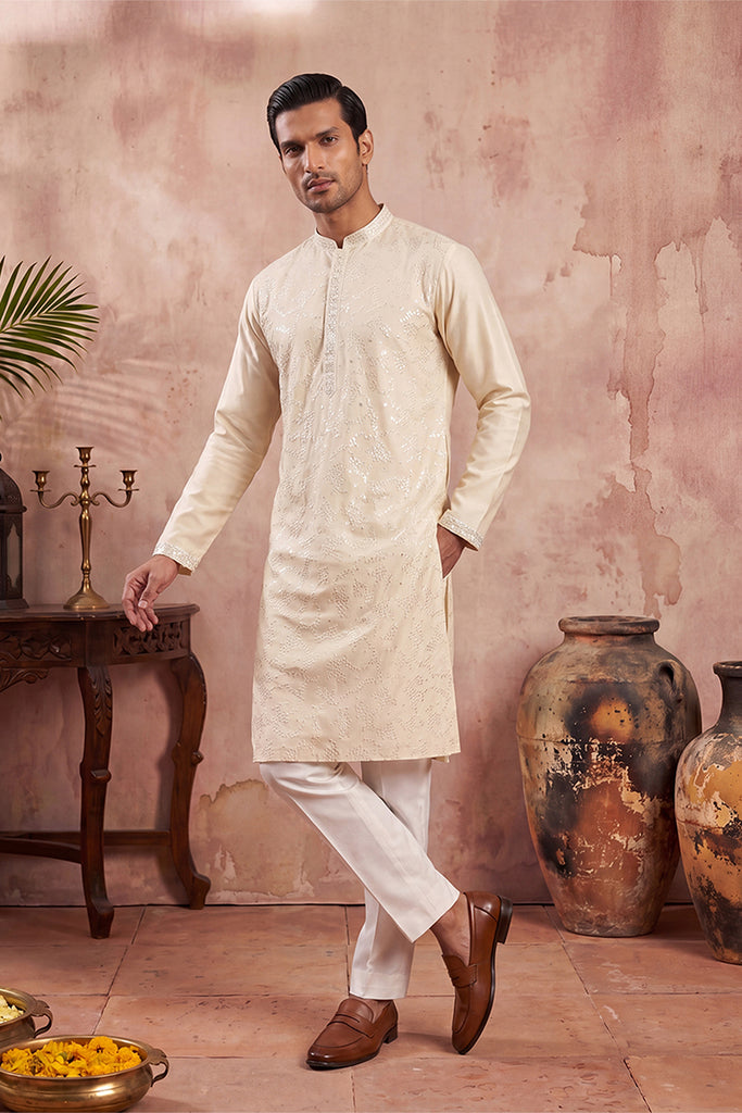 Off White Silk Blend Embroidered Straight Kurta MKU2129
