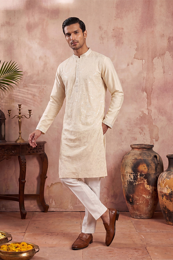 Off White Silk Blend Embroidered Straight Kurta MKU2129