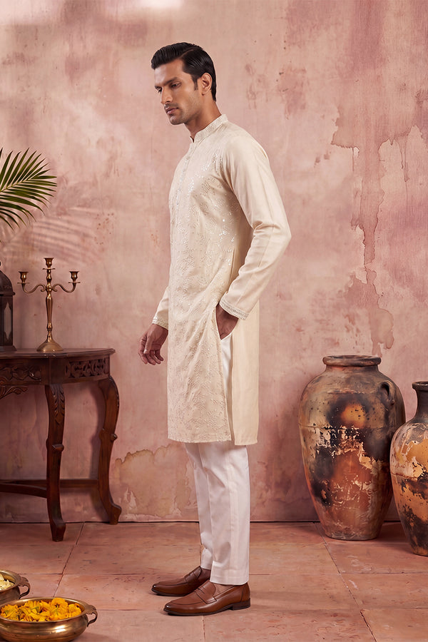 Off White Silk Blend Embroidered Straight Kurta Sets MKSET2129