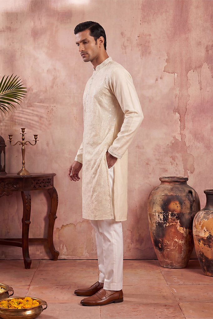 Off White Silk Blend Embroidered Straight Kurta MKU2129