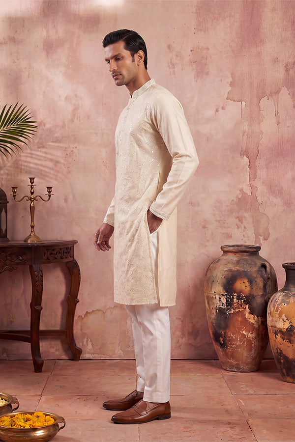 Off White Silk Blend Embroidered Straight Kurta MKU2129