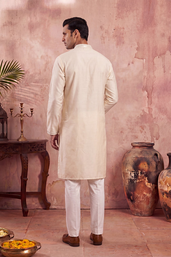 Off White Silk Blend Embroidered Straight Kurta Sets MKSET2129