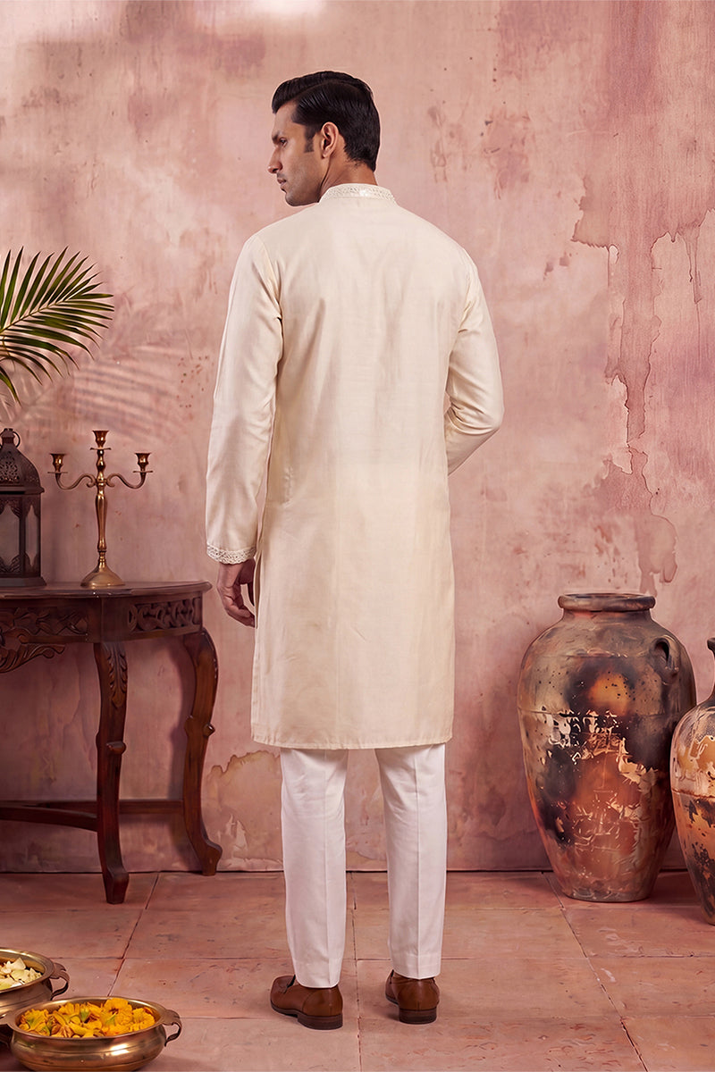 Off White Silk Blend Embroidered Straight Kurta MKU2129