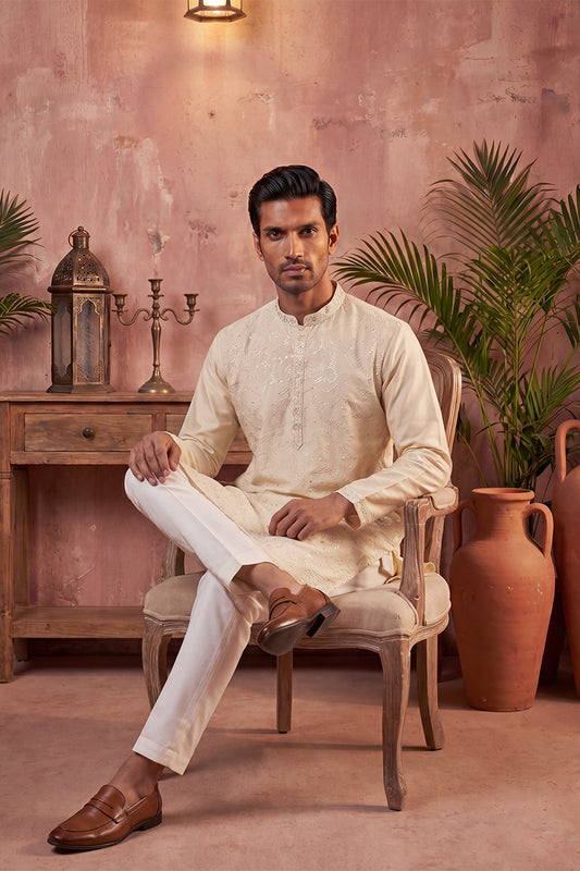 Off White Silk Blend Embroidered Straight Kurta Sets MKSET2129