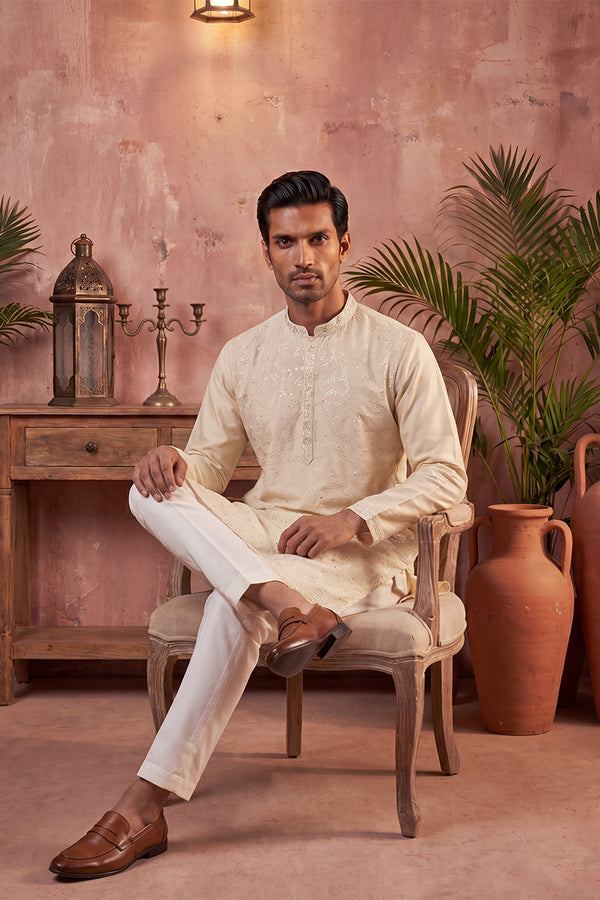 Off White Silk Blend Embroidered Straight Kurta Sets MKSET2129
