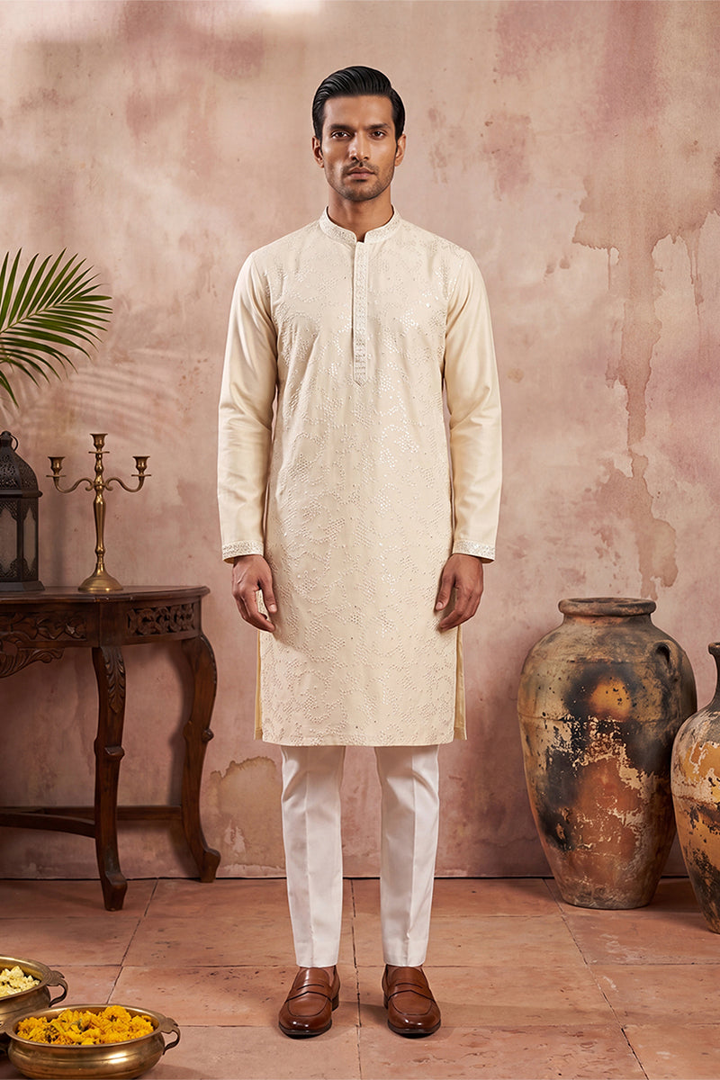 Off White Silk Blend Embroidered Straight Kurta MKU2129