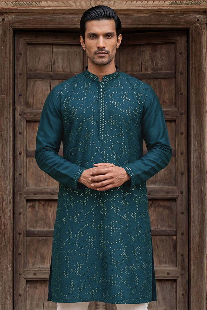 Silk Blend Teal Solid Embroidered Calf Length Straight Kurta MKU2131