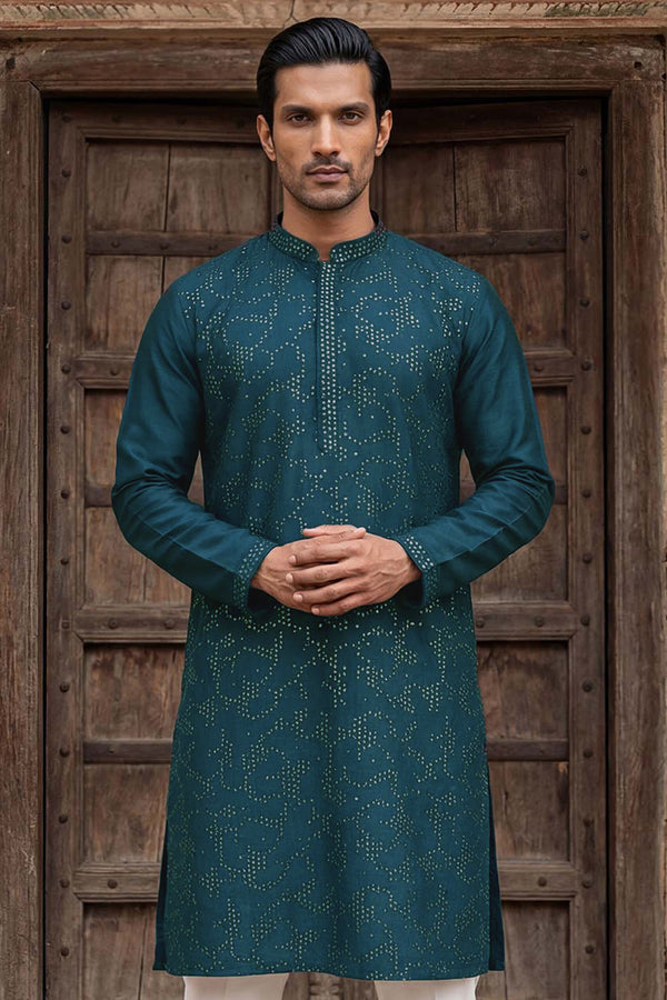 Silk Blend Teal Solid Embroidered Calf Length Straight Kurta With Trousers MKSET2131