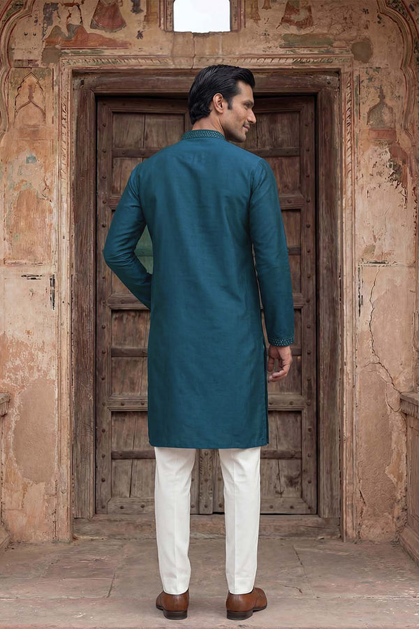 Silk Blend Teal Solid Embroidered Calf Length Straight Kurta MKU2131