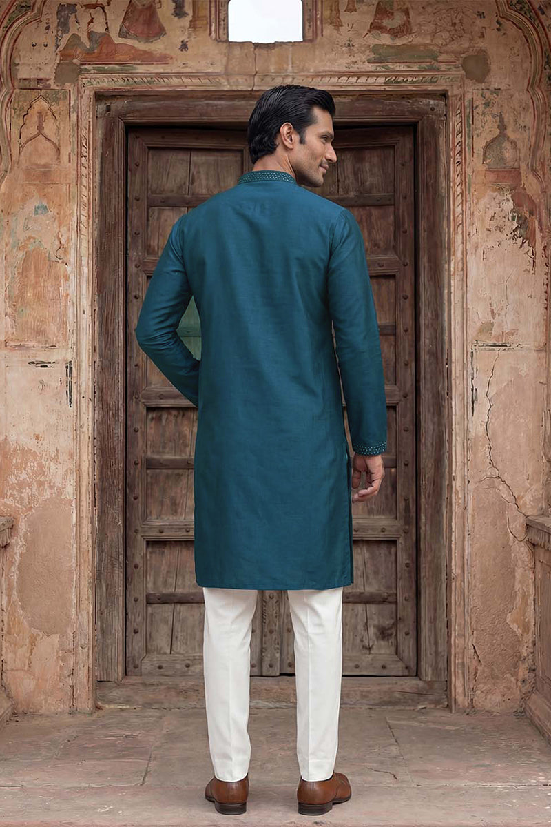 Silk Blend Teal Solid Embroidered Calf Length Straight Kurta With Trousers MKSET2131