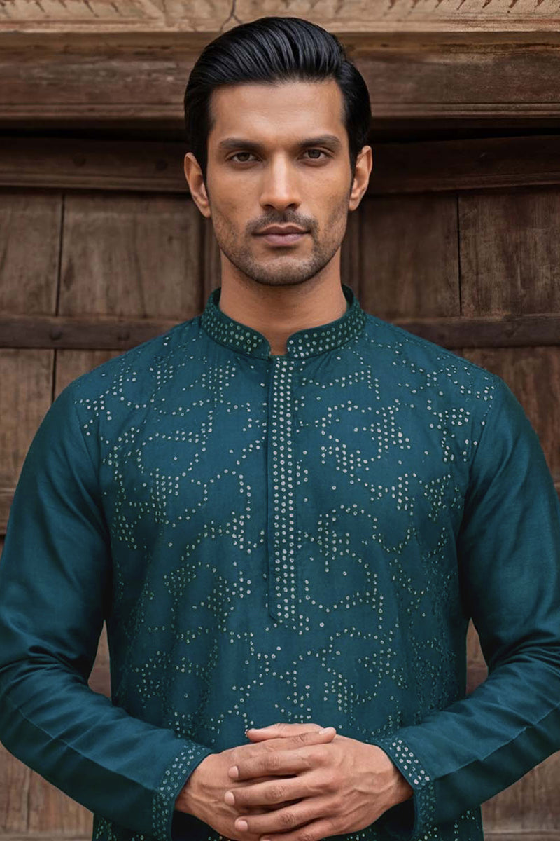 Silk Blend Teal Solid Embroidered Calf Length Straight Kurta With Trousers MKSET2131