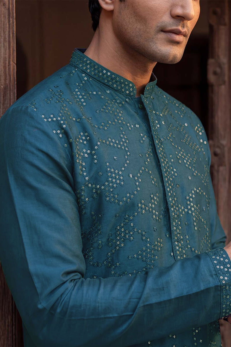 Silk Blend Teal Solid Embroidered Calf Length Straight Kurta With Trousers MKSET2131