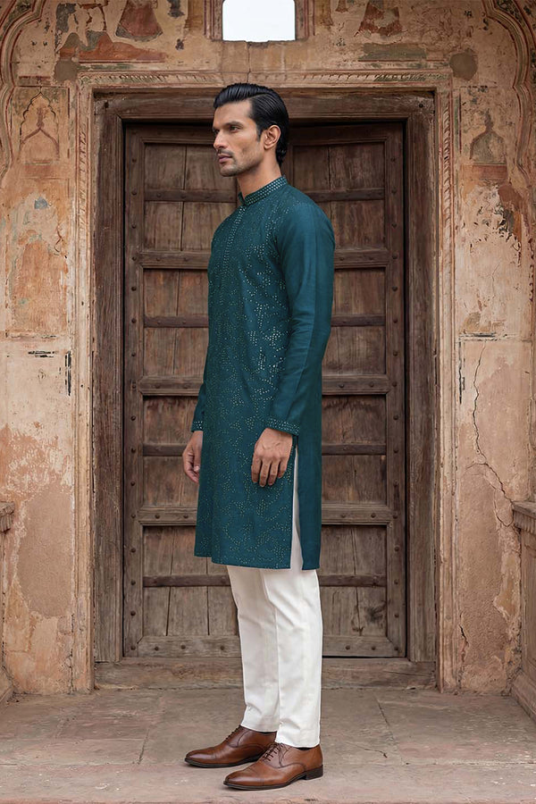 Silk Blend Teal Solid Embroidered Calf Length Straight Kurta MKU2131