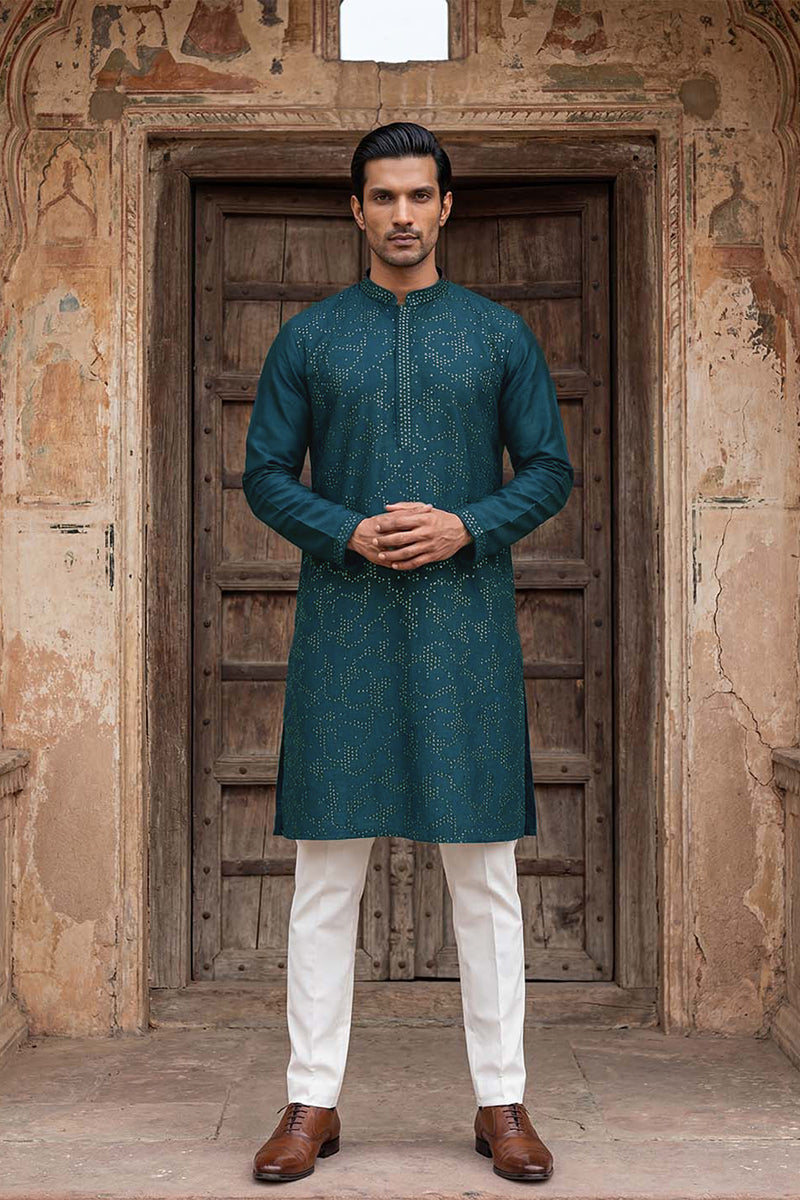 Silk Blend Teal Solid Embroidered Calf Length Straight Kurta MKU2131