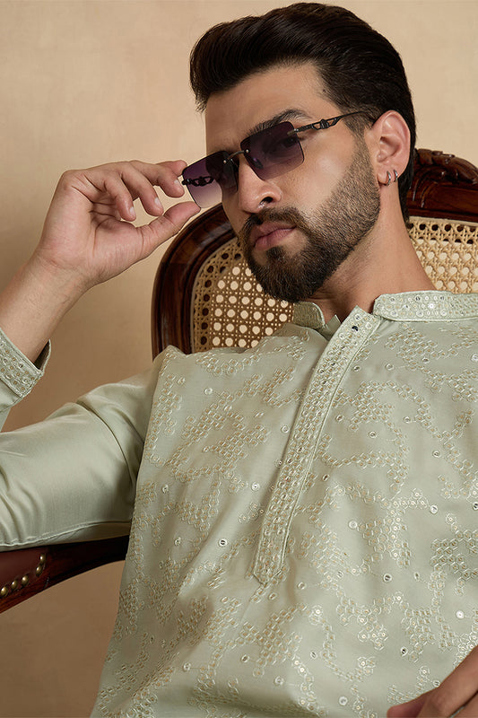 Silk Blend Green Solid Embroidered Calf Length Straight Kurta MKU2133