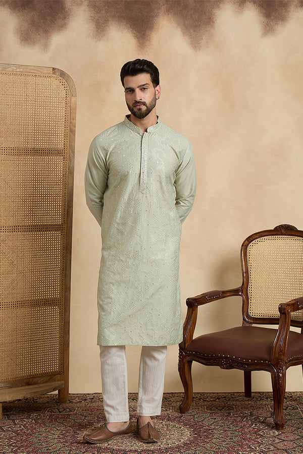 Silk Blend Green Solid Embroidered Calf Length Straight Kurta MKU2133