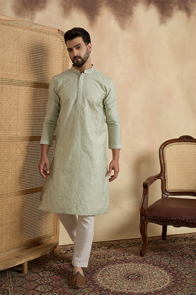 Silk Blend Green Solid Embroidered Calf Length Straight Kurta With Trousers MKSET2133