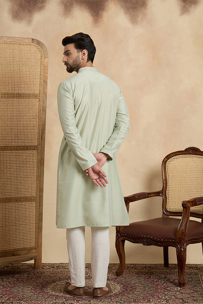 Silk Blend Green Solid Embroidered Calf Length Straight Kurta MKU2133