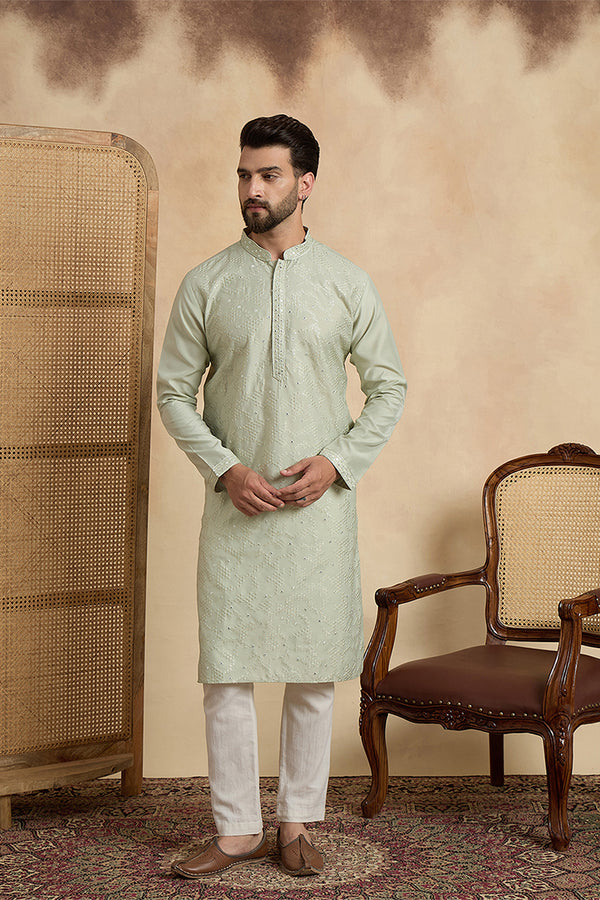 Silk Blend Green Solid Embroidered Calf Length Straight Kurta MKU2133