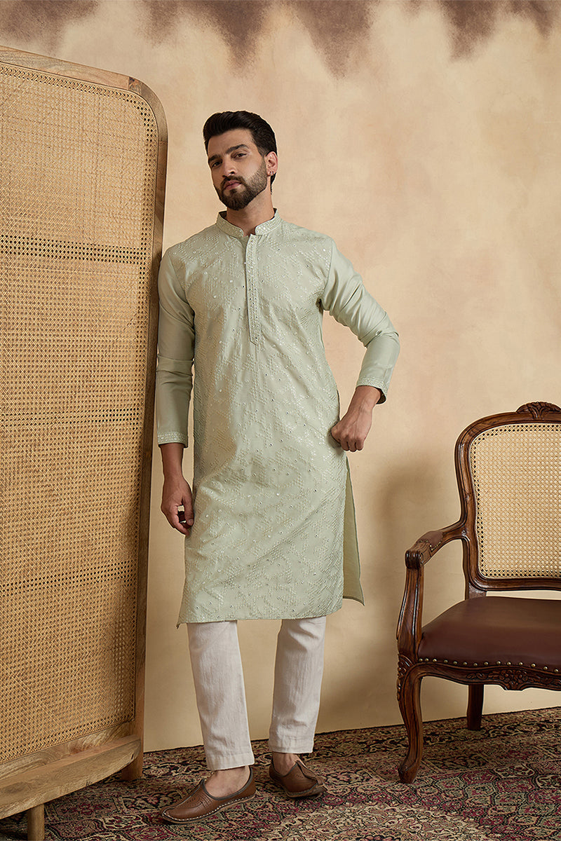 Silk Blend Green Solid Embroidered Calf Length Straight Kurta With Trousers MKSET2133