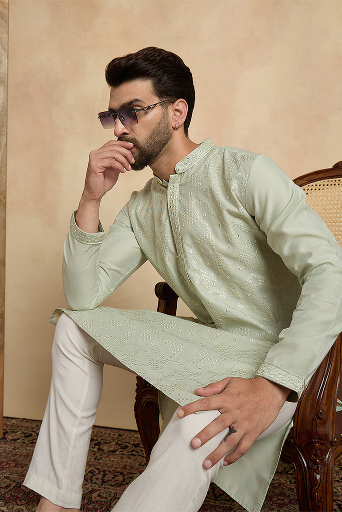 Silk Blend Green Solid Embroidered Calf Length Straight Kurta MKU2133