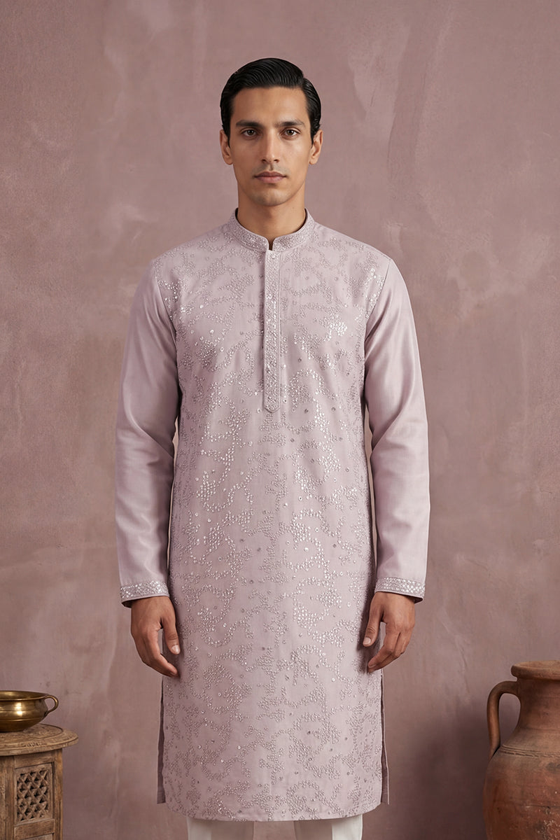 Lavender Silk Blend Embroidered Straight Kurta Sets MKSET2135
