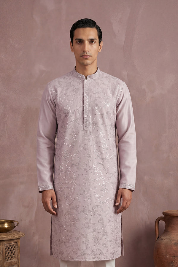 Lavender Silk Blend Embroidered Straight Kurta Sets MKSET2135