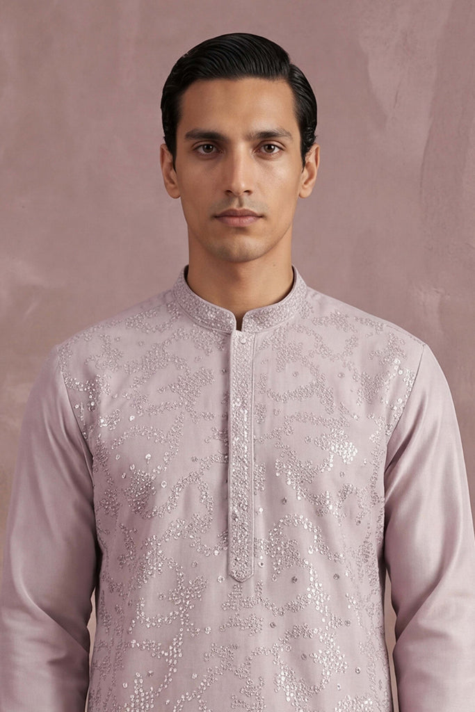 Lavender Silk Blend Embroidered Straight Kurta Sets MKSET2135