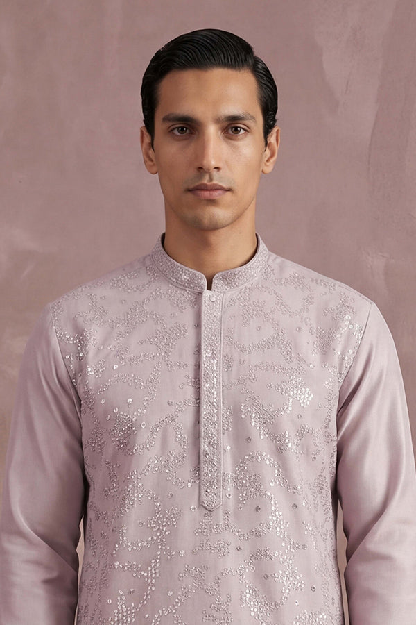 Lavender Silk Blend Embroidered Straight Kurta Sets MKSET2135