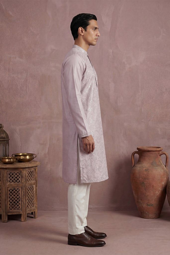 Lavender Silk Blend Embroidered Straight Kurta Sets MKSET2135