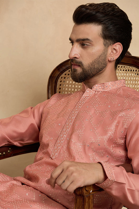 Silk Blend Peach Solid Embroidered Calf Length Straight Kurta With Trousers MKSET2136