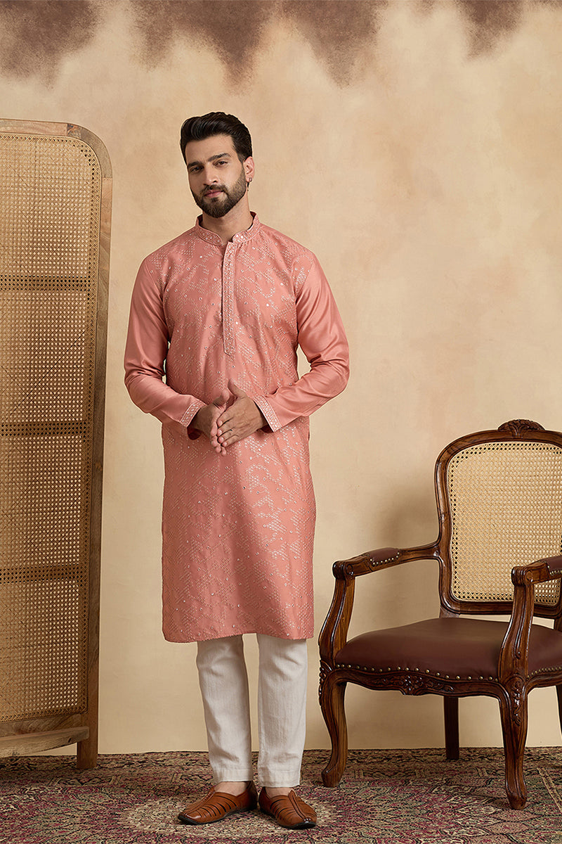 Silk Blend Peach Solid Embroidered Calf Length Straight Kurta MKU2136