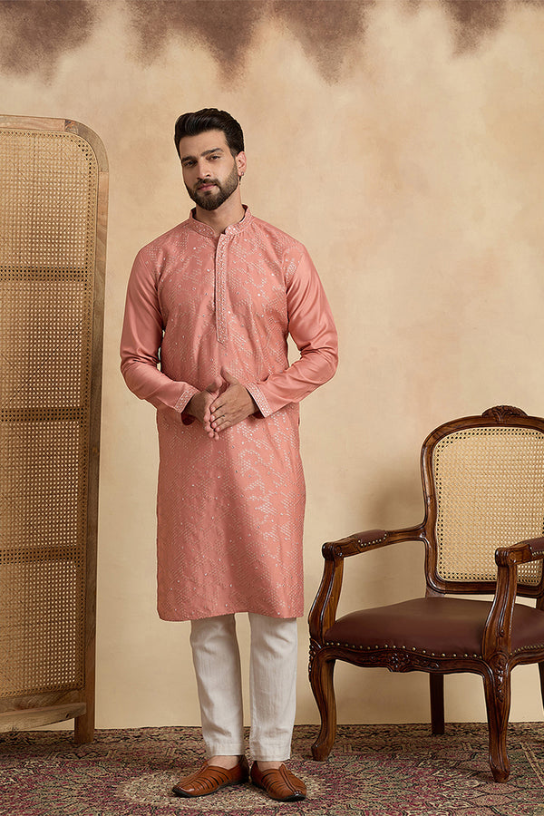 Silk Blend Peach Solid Embroidered Calf Length Straight Kurta With Trousers MKSET2136
