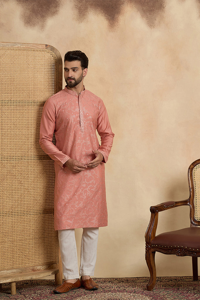 Silk Blend Peach Solid Embroidered Calf Length Straight Kurta MKU2136