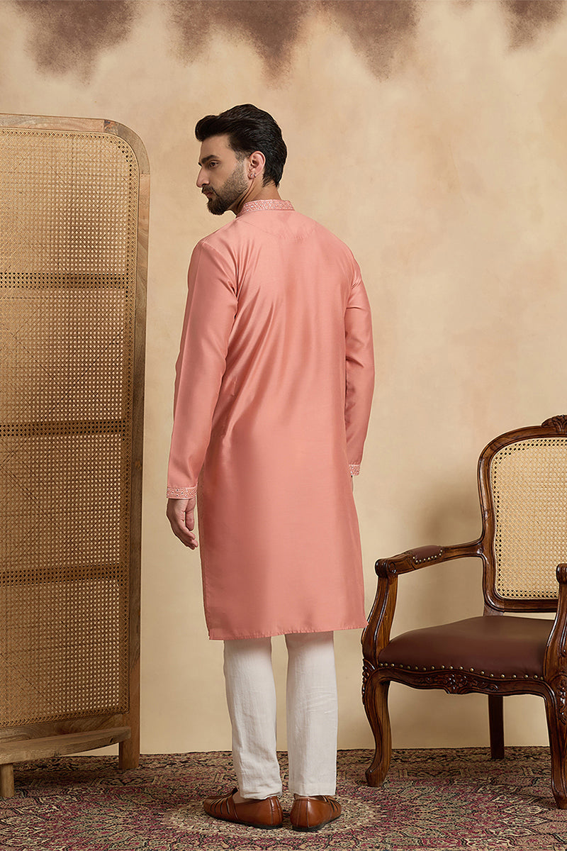 Silk Blend Peach Solid Embroidered Calf Length Straight Kurta MKU2136