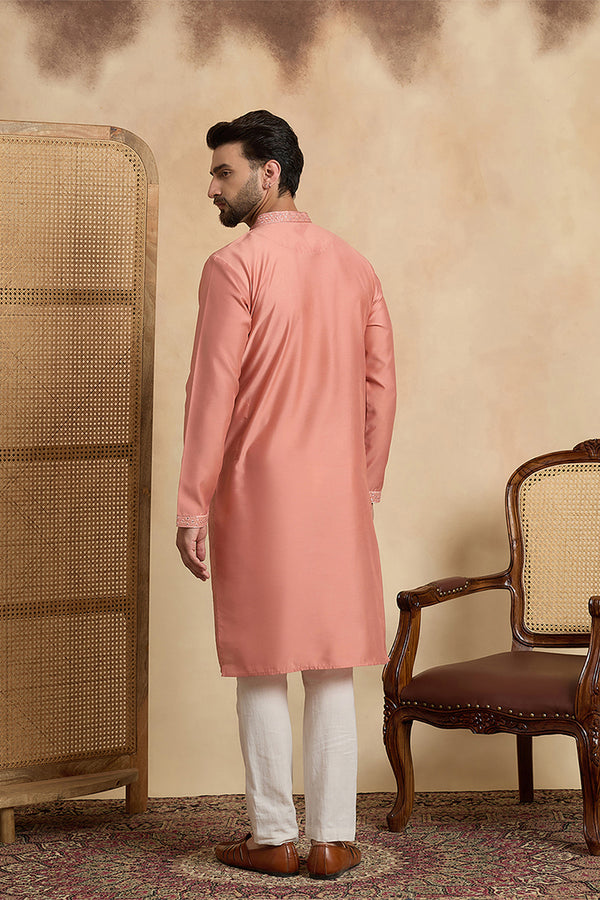 Silk Blend Peach Solid Embroidered Calf Length Straight Kurta MKU2136
