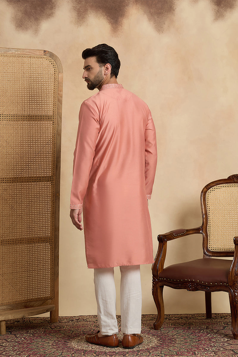 Silk Blend Peach Solid Embroidered Calf Length Straight Kurta With Trousers MKSET2136