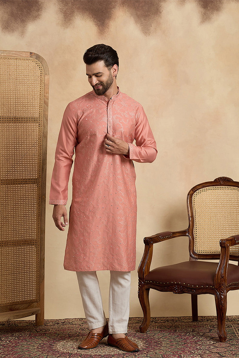Silk Blend Peach Solid Embroidered Calf Length Straight Kurta With Trousers MKSET2136