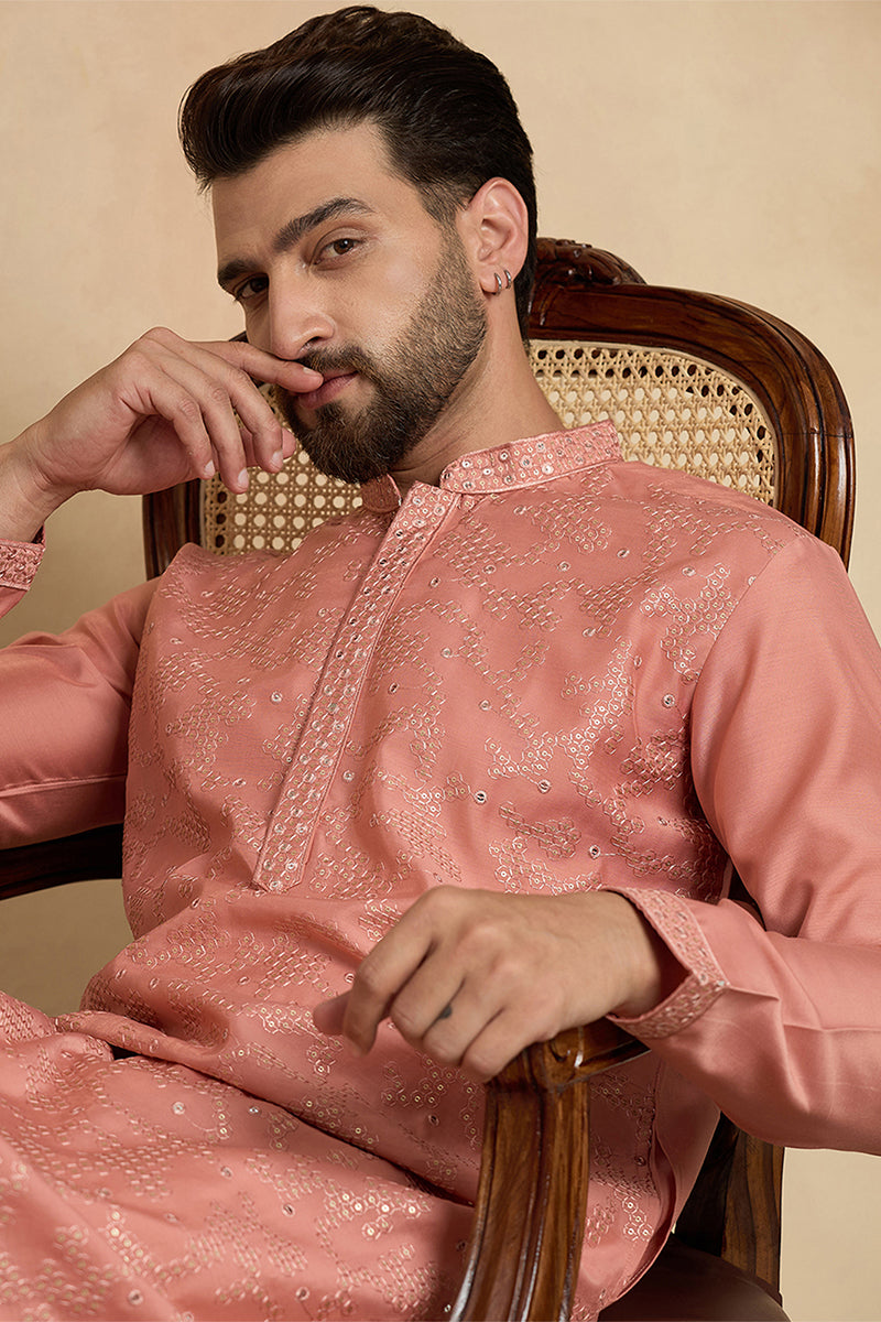 Silk Blend Peach Solid Embroidered Calf Length Straight Kurta MKU2136