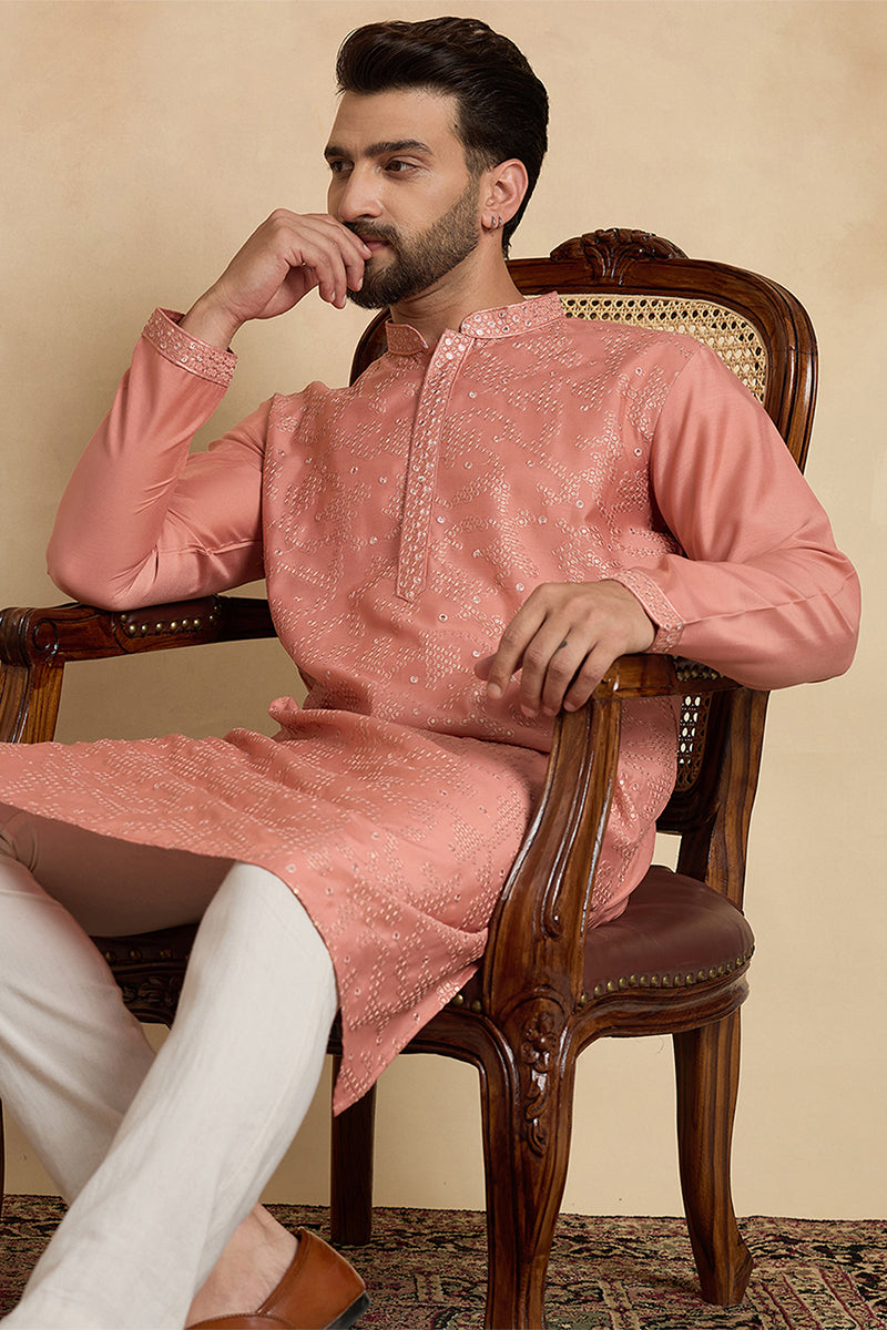 Silk Blend Peach Solid Embroidered Calf Length Straight Kurta MKU2136