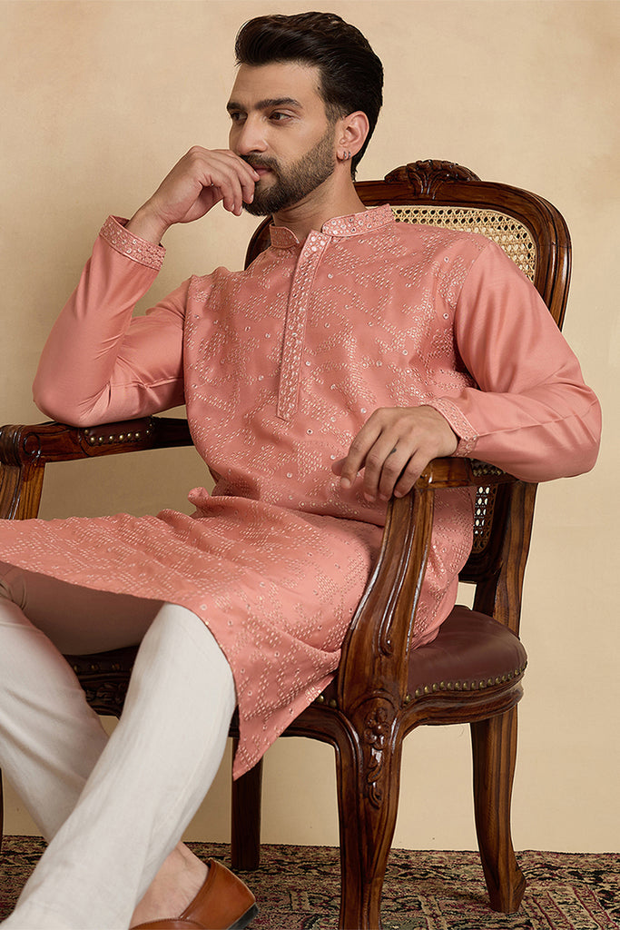Silk Blend Peach Solid Embroidered Calf Length Straight Kurta With Trousers MKSET2136