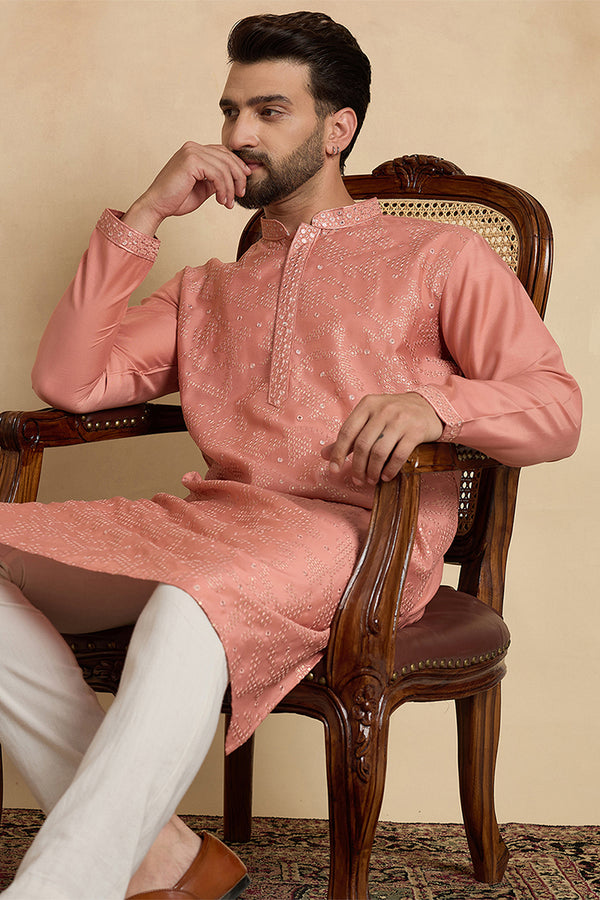 Silk Blend Peach Solid Embroidered Calf Length Straight Kurta MKU2136